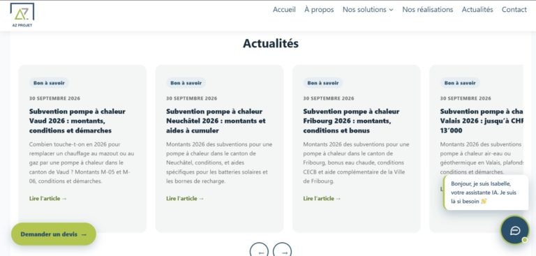 Rubrique Actualités du site AZ Projet : articles sur les subventions pompe à chaleur par canton