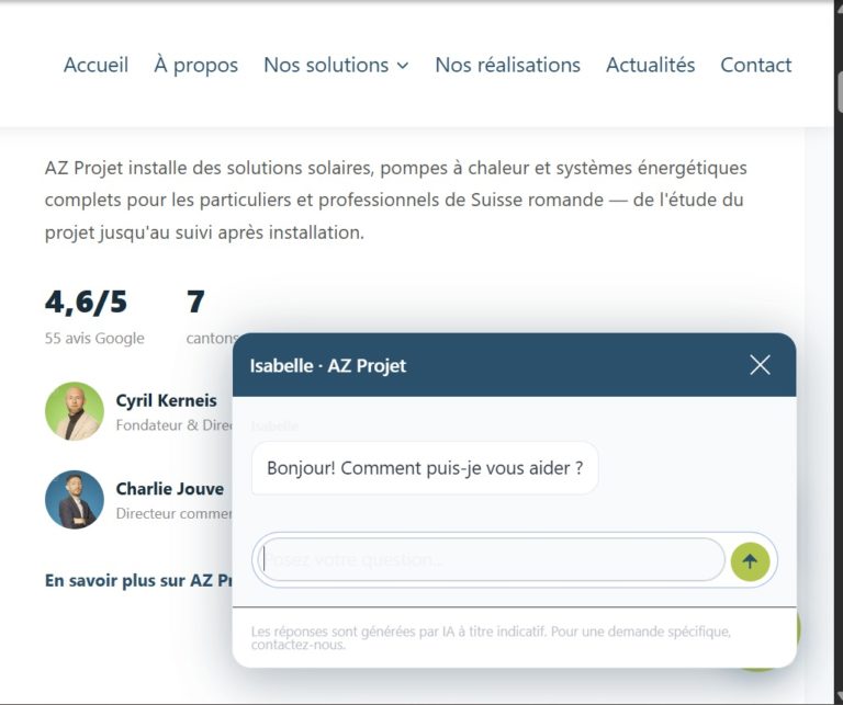 Assistante IA Isabelle sur le site AZ Projet : « Bonjour ! Comment puis-je vous aider ? »