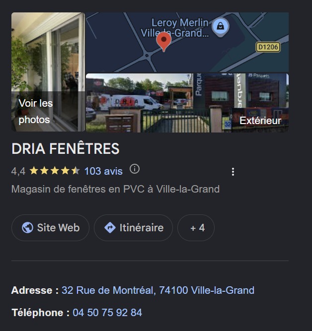 Fiche Google de Dria Fenêtres : note 4,4 sur 5, 103 avis