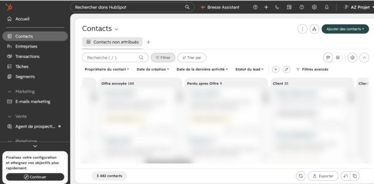 Pipeline HubSpot d'AZ Projet, noms des contacts floutés