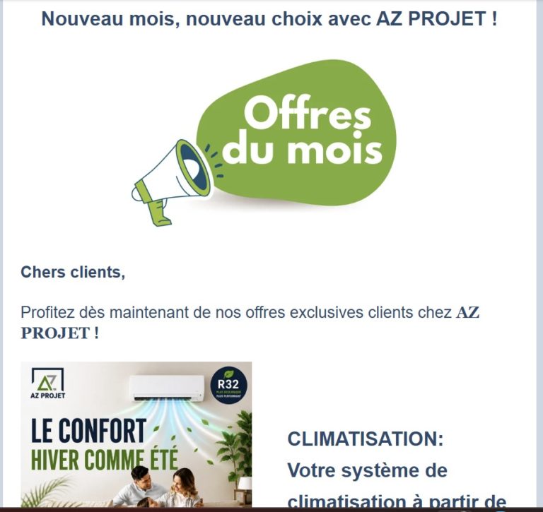 Newsletter AZ Projet : les offres du mois envoyées aux clients