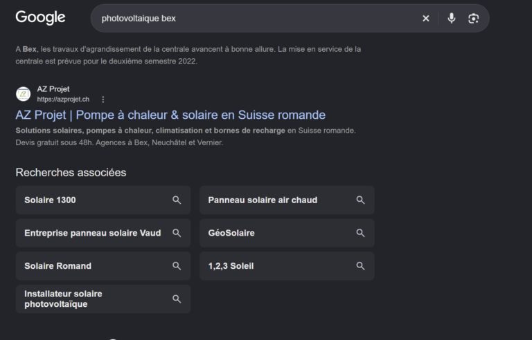 Recherche Google « photovoltaïque bex » : AZ Projet en premier résultat