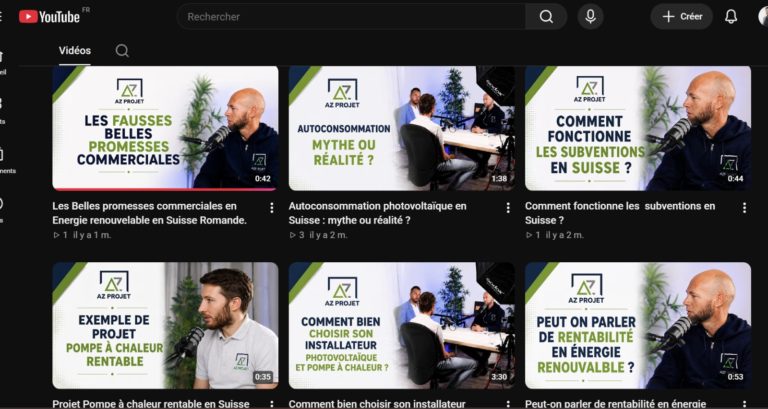 Chaîne YouTube d'AZ Projet : vidéos pédagogiques sur le solaire et les pompes à chaleur